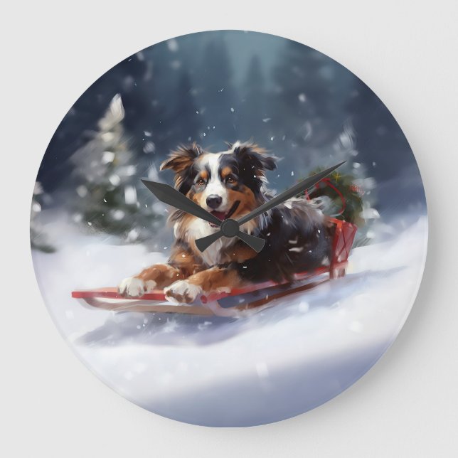 Australian Shepherd Christmas snow winter Large Clock (Front)