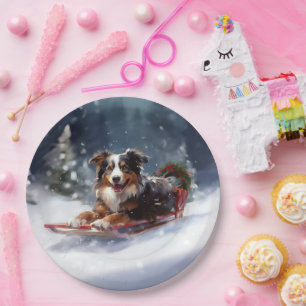 Australian Shepherd Christmas snow winter Paper Plate