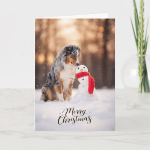 Australian Shepherd Christmas Snowman Holiday Card