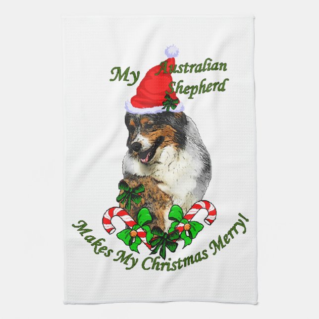 Australian Shepherd Christmas Tea Towel (Vertical)