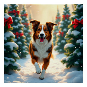 Australian Shepherd Christmas Tree Farm Painting Poster