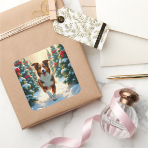 Australian Shepherd Christmas Tree Farm Painting Square Sticker