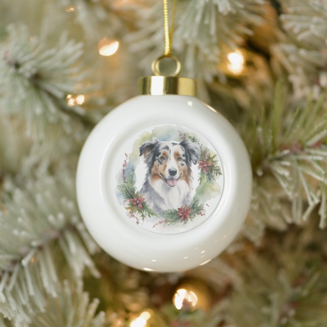 Australian Shepherd Christmas Wreath Festive Pup  Ceramic Ball Christmas Ornament (Tree)