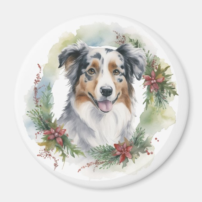 Australian Shepherd Christmas Wreath Festive Pup  Magnet (Front)