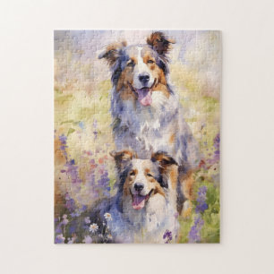 Australian Shepherd colorful watercolor artwork Jigsaw Puzzle