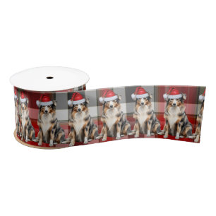 Australian Shepherd Dog and Plaid Christmas Satin Ribbon