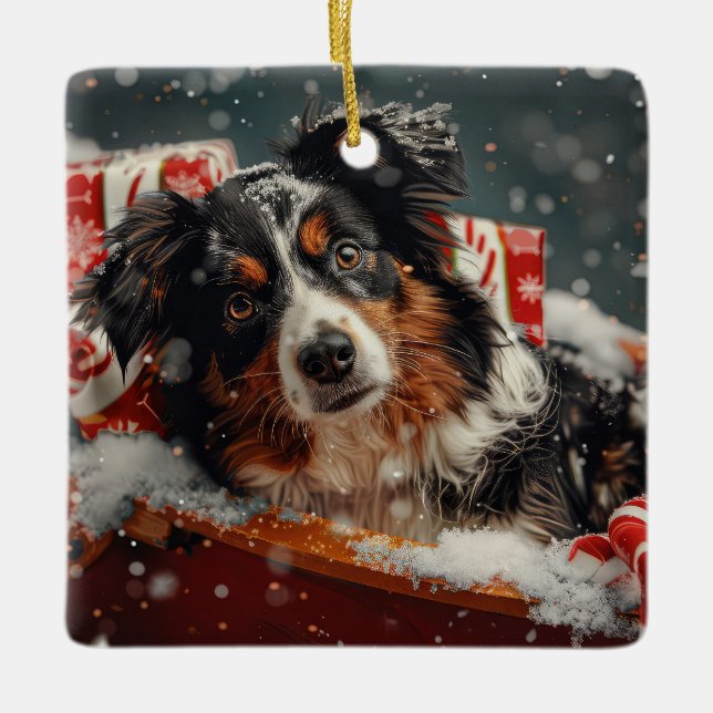 Australian Shepherd Dog Christmas Festive Ceramic Ornament (Front)