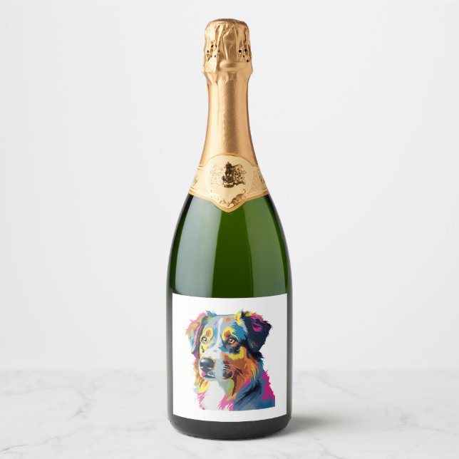 Australian Shepherd Dog Colourful 5 Sparkling Wine Label (Front)