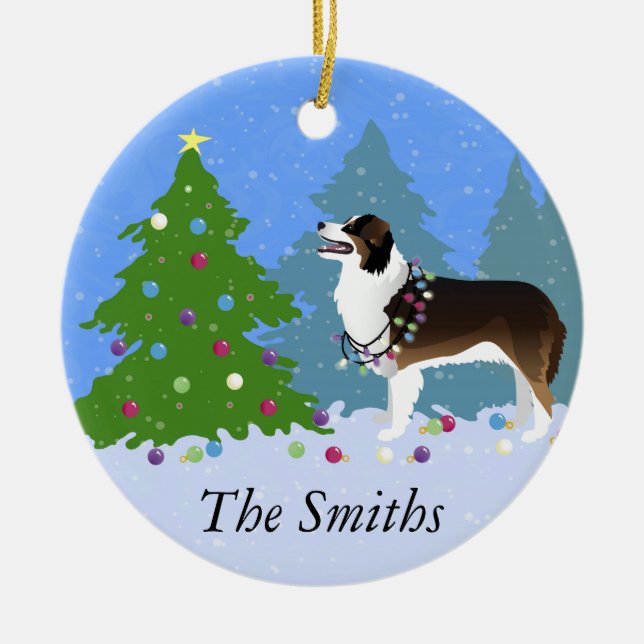 Australian Shepherd Dog Decorating Christmas Tree Ceramic Tree Decoration (Front)