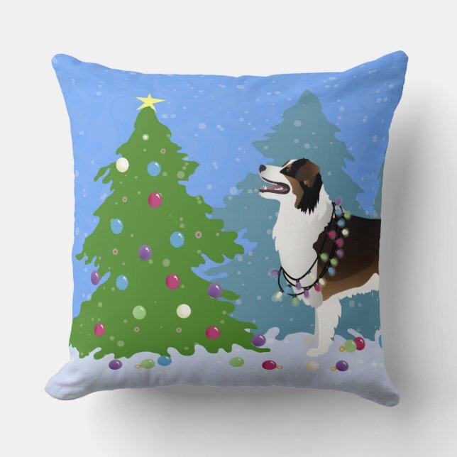 Australian Shepherd Dog Decorating Christmas Tree Cushion (Front)