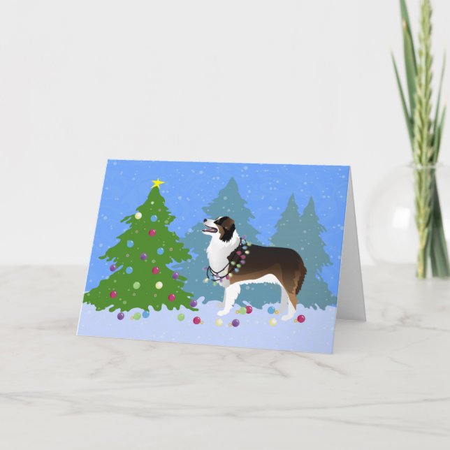 Australian Shepherd Dog Decorating Christmas Tree Holiday Card (Front)