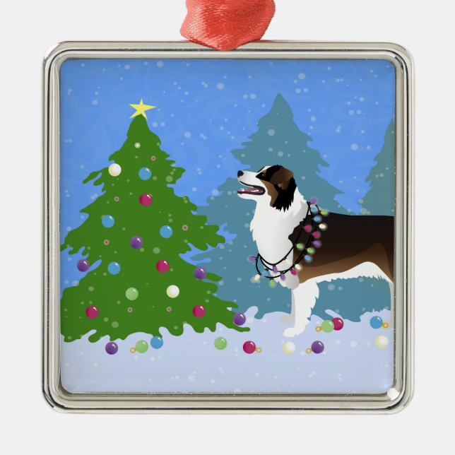 Australian Shepherd Dog Decorating Christmas Tree Metal Tree Decoration (Front)