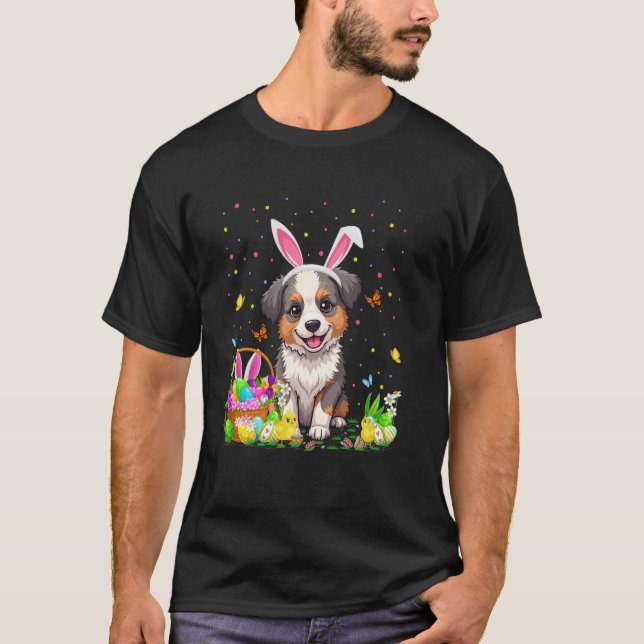 Australian Shepherd Dog Easter Egg Hunt Bunny Ear  T-Shirt (Front)