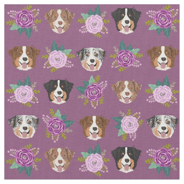 Australian Shepherd dog faces purple floral Fabric (Close Up)