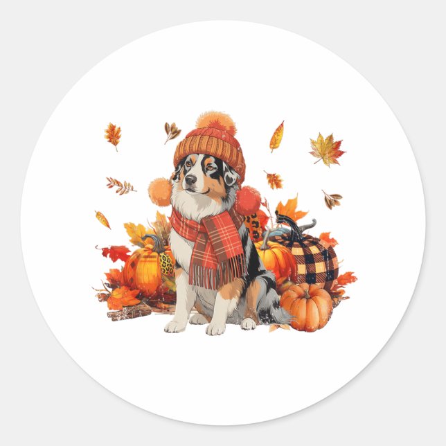 Australian Shepherd Dog Fall Scarf Leopard Pumpkin Classic Round Sticker (Front)