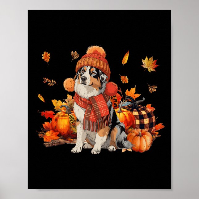 Australian Shepherd Dog Fall Scarf Leopard Pumpkin Poster (Front)