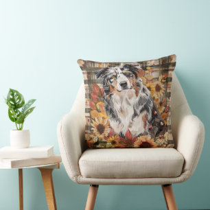 Australian Shepherd Dog Fall Watercolor Flowers Cushion