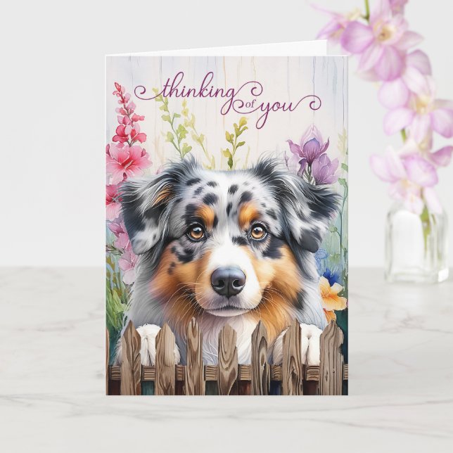 Australian Shepherd Dog Fence Thinking of You Card (Orchid)