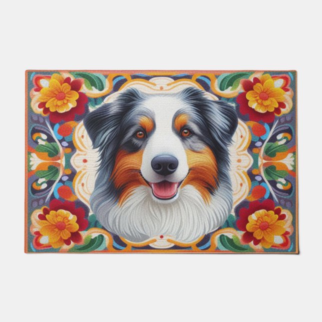 Australian Shepherd Dog Floral Colourful Border  Doormat (Front)