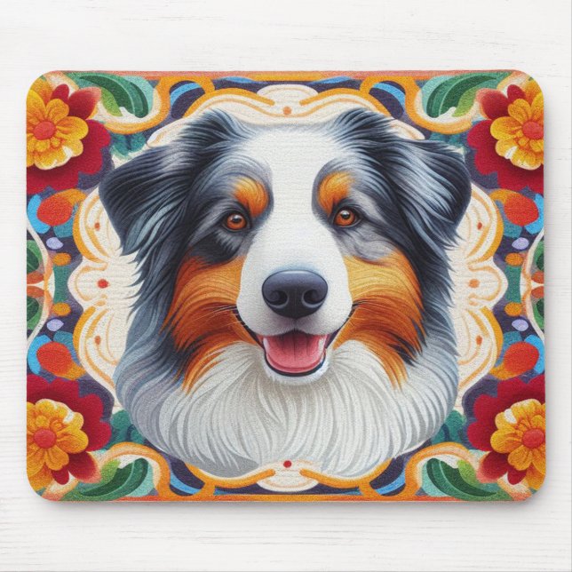 Australian Shepherd Dog Floral Colourful Border  Mouse Pad (Front)