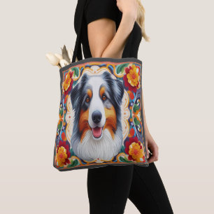 Australian Shepherd Dog Floral Colourful Border Tote Bag