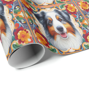 Australian Shepherd Dog Floral Colourful Border  Wrapping Paper