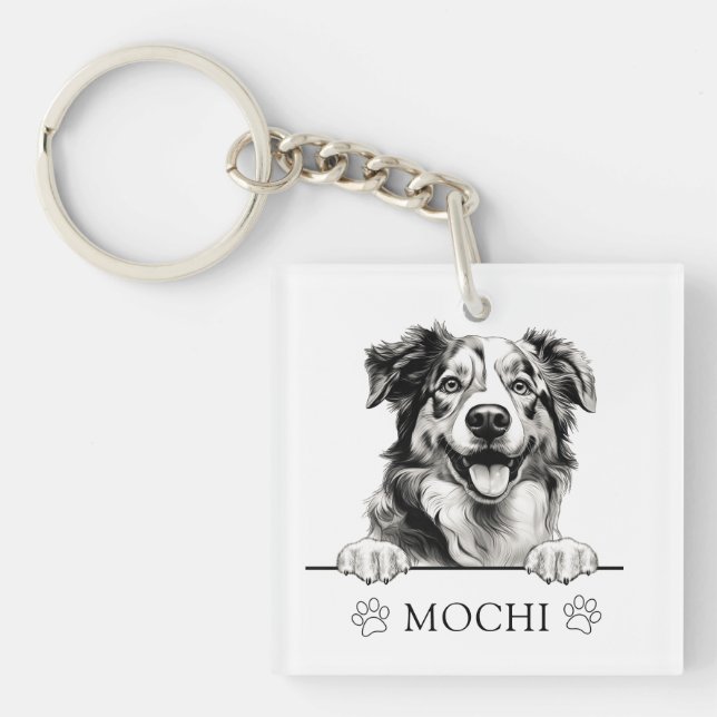 Australian Shepherd Dog Hand Drawing Personalised Key Ring (Front)