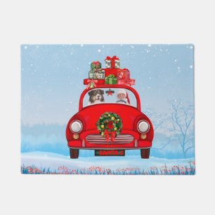 Australian Shepherd Dog In Car With Santa Claus Doormat