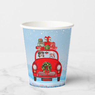 Australian Shepherd Dog In Car With Santa Claus  Paper Cups
