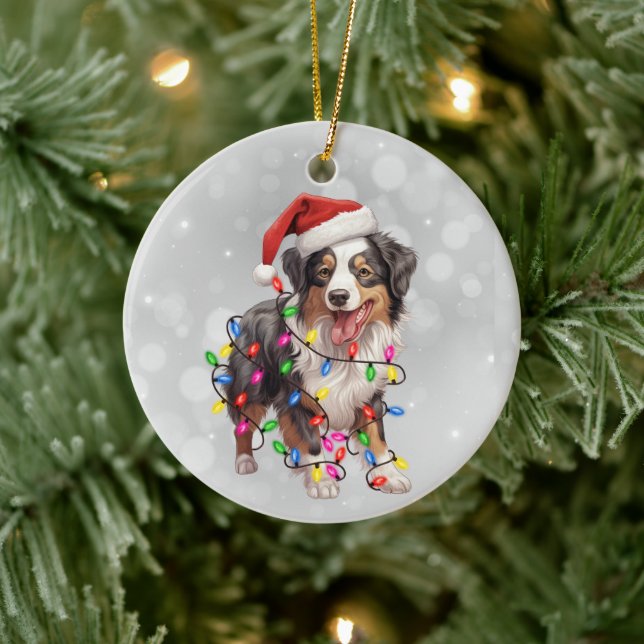 Australian Shepherd Dog in Christmas Lights Ceramic Tree Decoration (Tree)