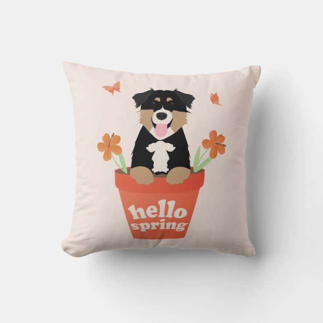 Australian Shepherd Dog In Flower Pot Cushion (Front)