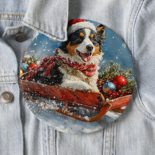 Australian Shepherd Dog in Sledge Chriistmas 6 Cm Round Badge
