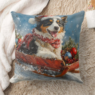 Australian Shepherd Dog in Sledge Chriistmas Cushion