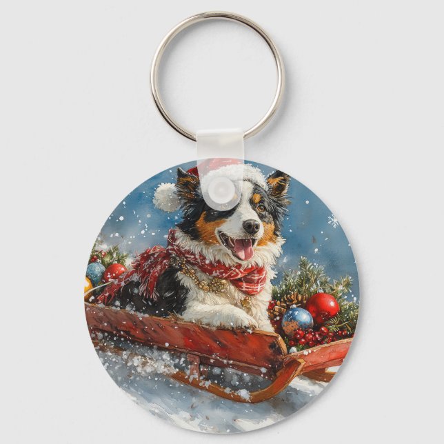 Australian Shepherd Dog in Sledge Chriistmas Key Ring (Front)
