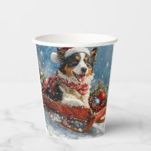 Australian Shepherd Dog in Sledge Chriistmas Paper Cups