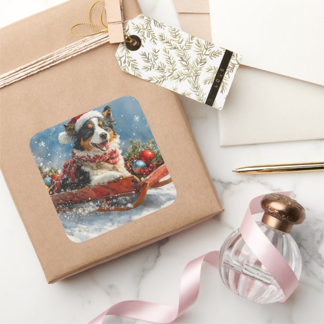 Australian Shepherd Dog in Sledge Chriistmas Square Sticker (Gifting)