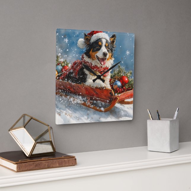 Australian Shepherd Dog in Sledge Chriistmas Square Wall Clock (Office)