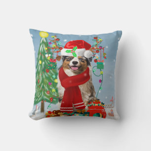 Australian Shepherd Dog in Snow Christmas Cushion