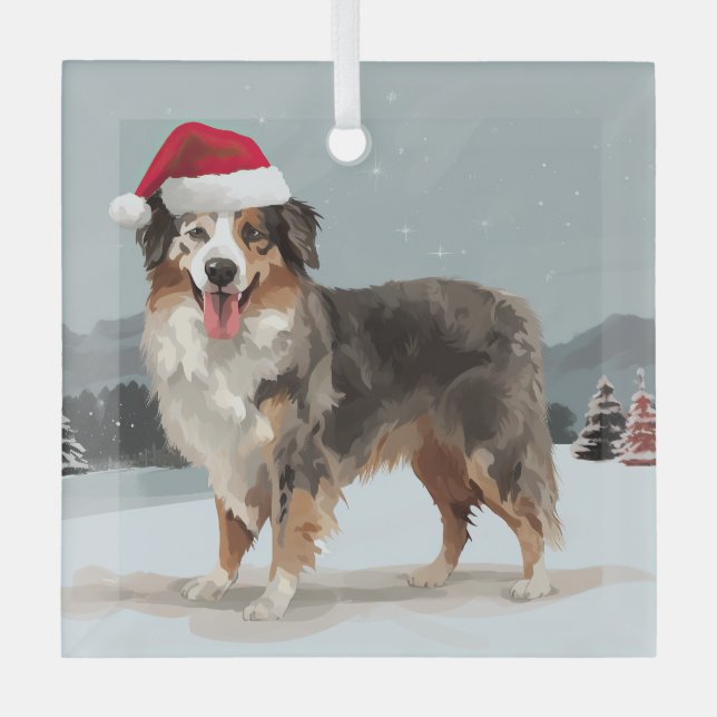 Australian Shepherd Dog in Snow Christmas  Glass Tree Decoration (Front)