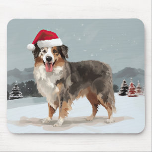 Australian Shepherd Dog in Snow Christmas Mouse Pad