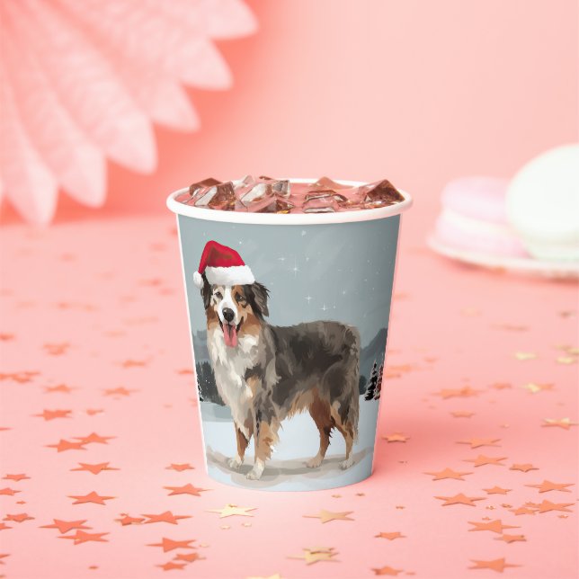 Australian Shepherd Dog in Snow Christmas  Paper Cups (Insitu)