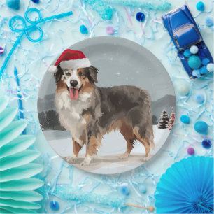 Australian Shepherd Dog in Snow Christmas Paper Plate