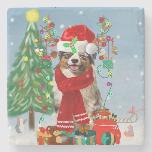 Australian Shepherd Dog in Snow Christmas Stone Coaster (Front)
