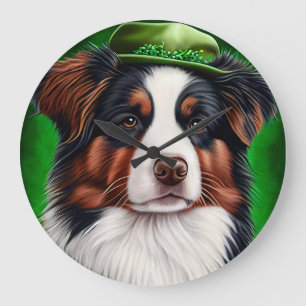 Australian Shepherd dog in St. Patrick's Day Dress Large Clock