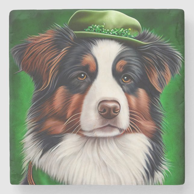 Australian Shepherd dog in St. Patrick's Day Dress Stone Coaster (Front)