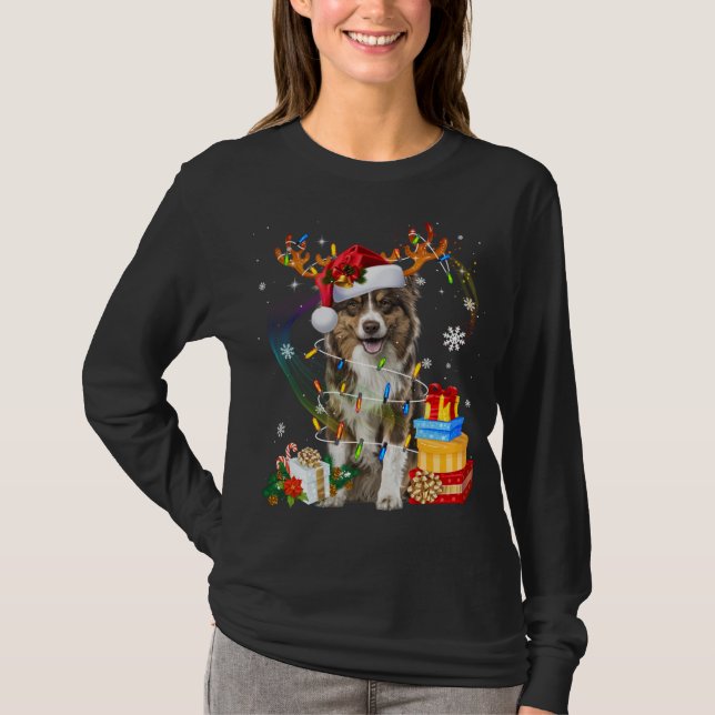 Australian Shepherd Dog Lights Santa Hat Sweater C (Front)