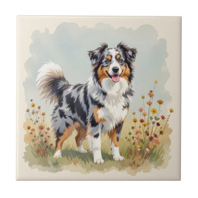 Australian Shepherd Dog Merle Long Tail Tile (Front)