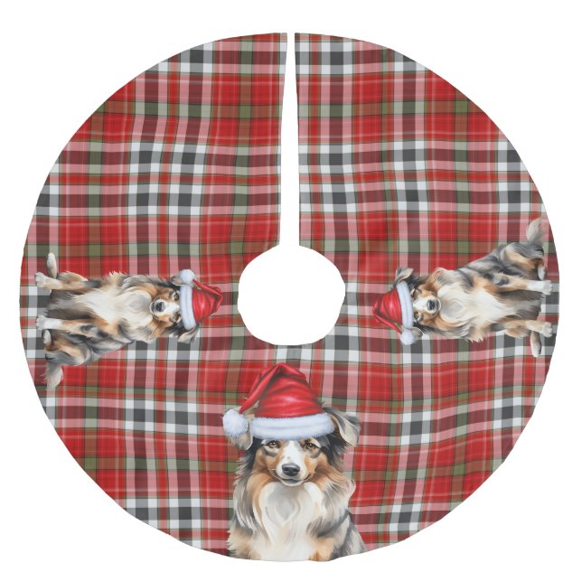 Australian Shepherd Dog on Plaid Holiday Brushed Polyester Tree Skirt (Front)