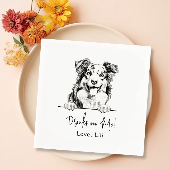 Australian Shepherd Dog Personalised Drinks On Me Napkin (Creator Uploaded)