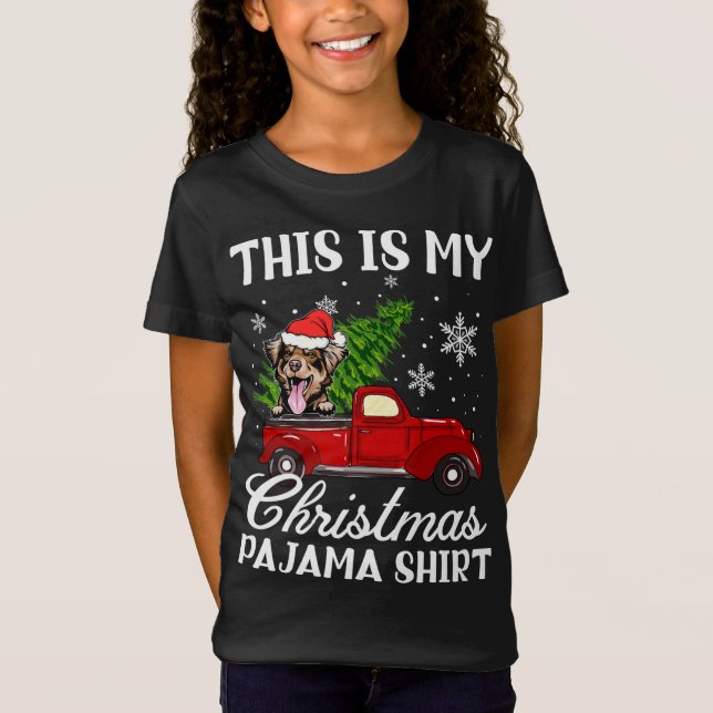 Australian Shepherd Dog Riding Red Truck With Chri T-Shirt (Front)